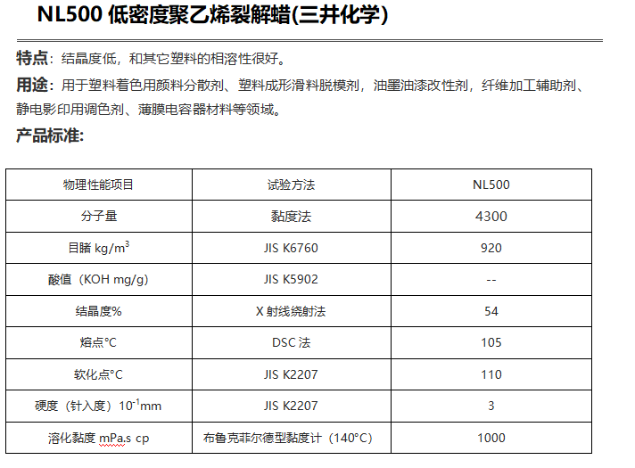 三井HI-WAX NL500低密度聚乙烯裂解蠟( PE蠟NL500)